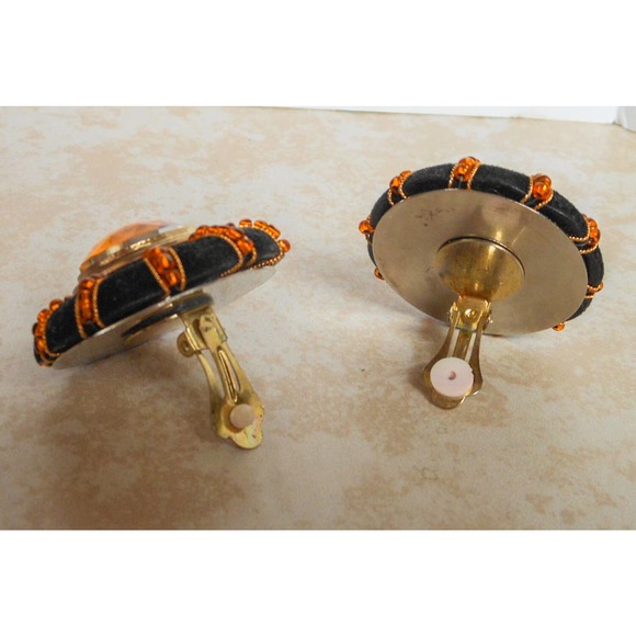 Vintage Black Velvet Clip On Earrings , Large Pink Rhinestone - Picture 7 of 7